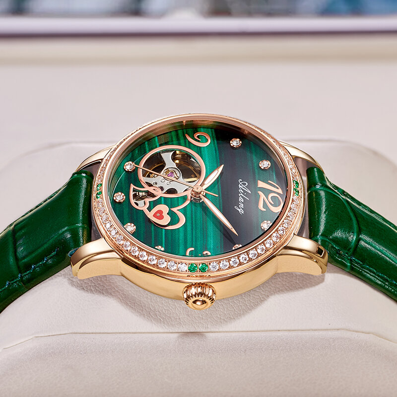 Ailang nova tendência pequeno relógio verde moda diamante-cravejado maré oco automático relógio mecânico genuíno feminino