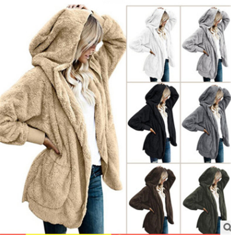 Casaco de pelúcia artificial, jaqueta feminina da moda com capuz, ponto aberto, manga longa, para inverno 2021