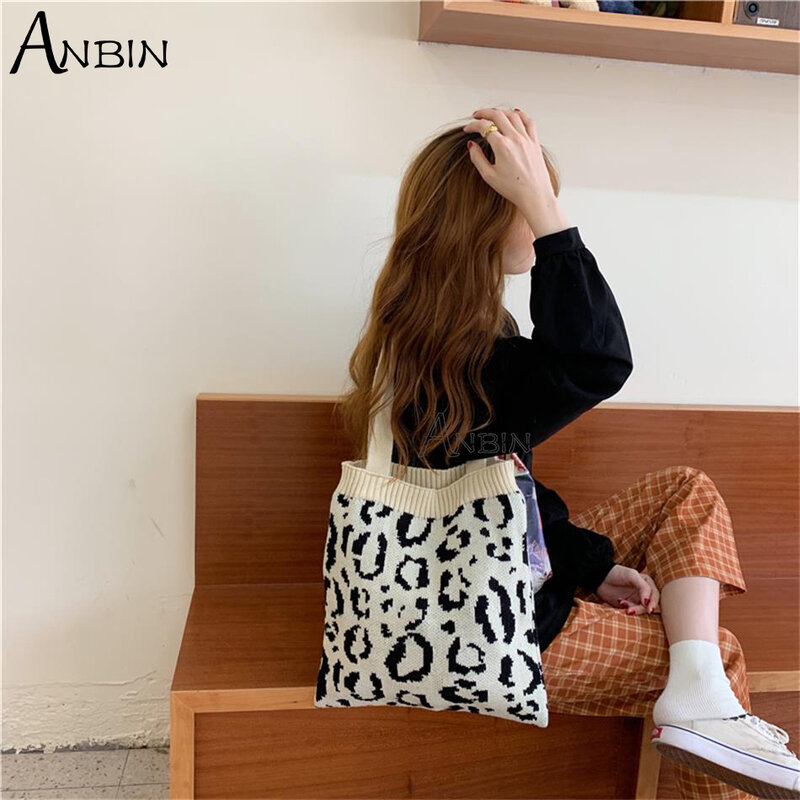 Feminino retro tricô compras leopardo padrão senhoras woolen sacos de ombro moda feminina portátil casual tote grandes bolsas