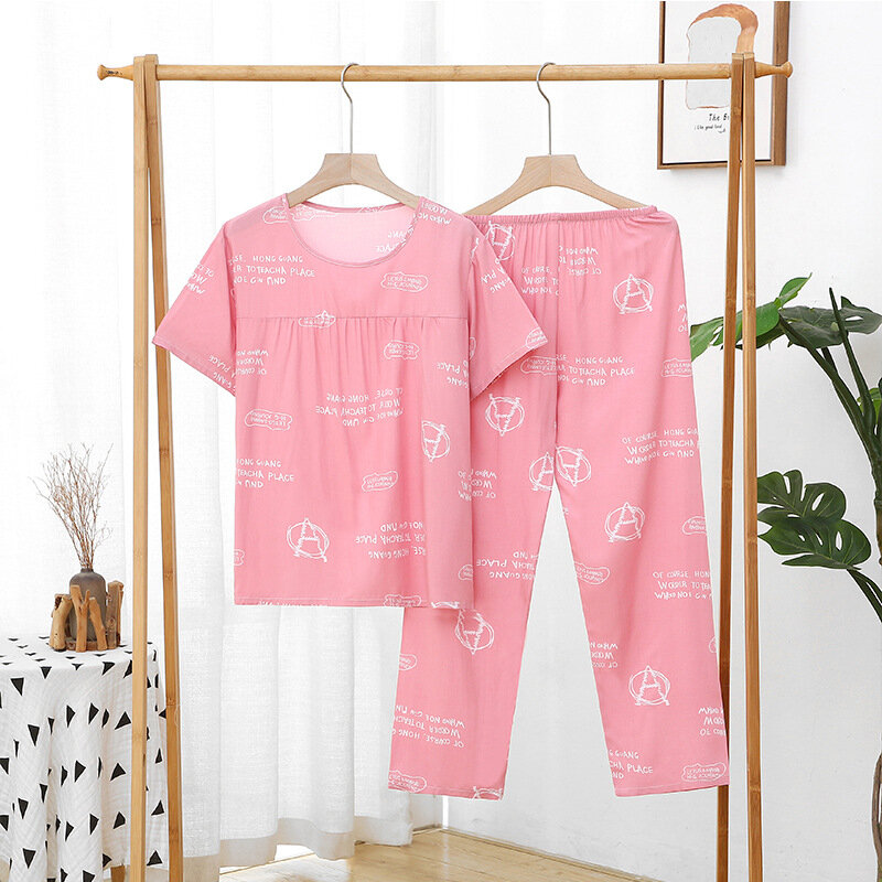 Sommer Pyjamas Set Frauen Komfortable Baumwolle Viskose Kontrast Farbe Pyjamas Kurzarm Tops mit Lange Hosen Damen Pj Set