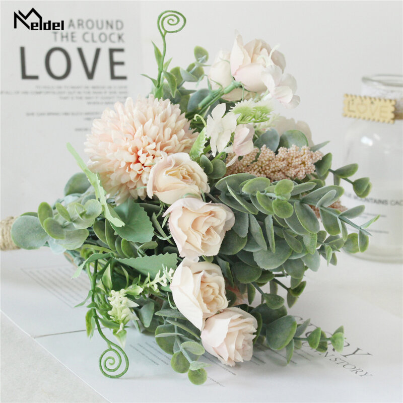 Meldel ślubny bukiet kwiatów sztuczna jedwabna róża szczęście okrągły kwiatek dekoracja ślubna do domu bukiet panny młodej w stylu leśnym eukaliptusa