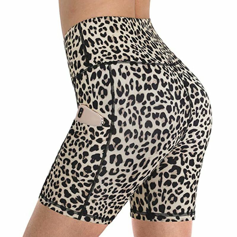 Wanita Tinggi Pinggang Perut Kontrol Yoga Pengendara Sepeda Motor Celana Pendek Leopard Kulit Ular Cetak Latihan Celana Pendek Sisi Saku Olahraga Legging