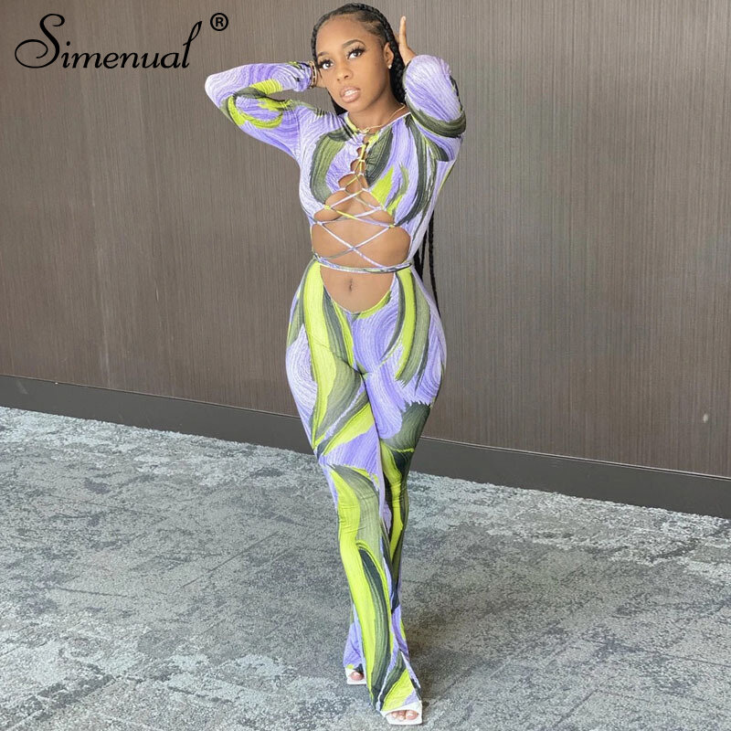 Simenual Hollow Out Sexy Hot Lace Up Women Long Jumpsuits Autumn Fashion Long Sleeve Partywear Printed Club Flare Jumpsuit 2020