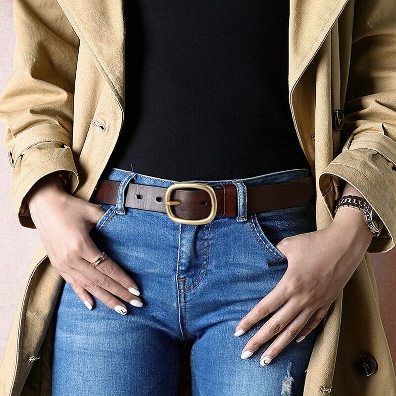 DINISITON-Cintos de couro genuíno feminino, alça de fivela de pino dourado, extravagante, vintage, jeans, novo, Dropshipping