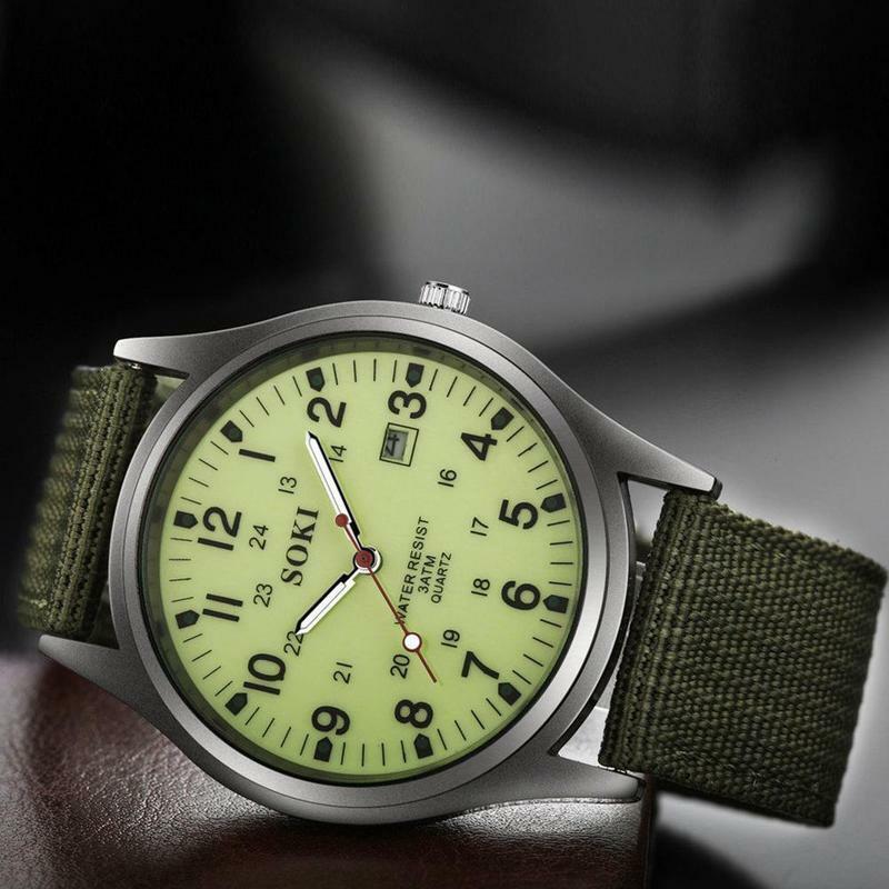 Pole zegarek dla mężczyzn świetliste dłonie tkane pasek płócienny fluorescencyjny zielony męski zegarek moda mężczyzna kalendarz tydzień wyświetlacz prezent