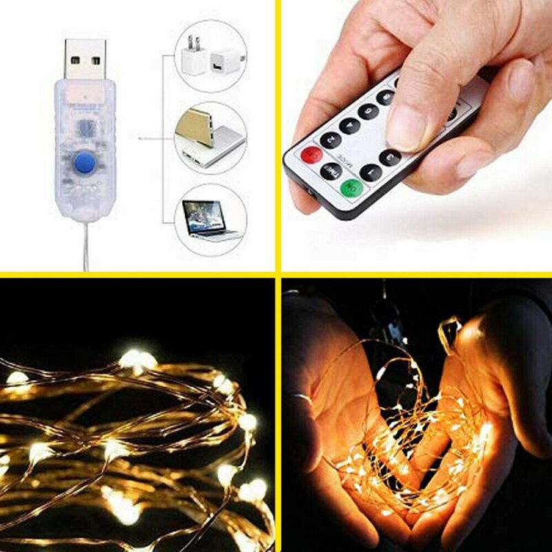 Guirxiété lumineuse LED en fil de cuivre avec télécommande, lumières dégradées enfichables USB, étanche, minuterie télécommandée, 8 modes, 50 LED, 100/200 LED