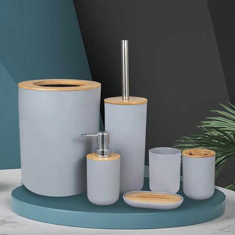 Set Aksesori Kamar Mandi 6 Buah Perlengkapan Kamar Mandi Bambu Tempat Sikat Gigi Dispenser Sabun Sikat Toilet Tempat Sampah Set Penting Kamar Mandi