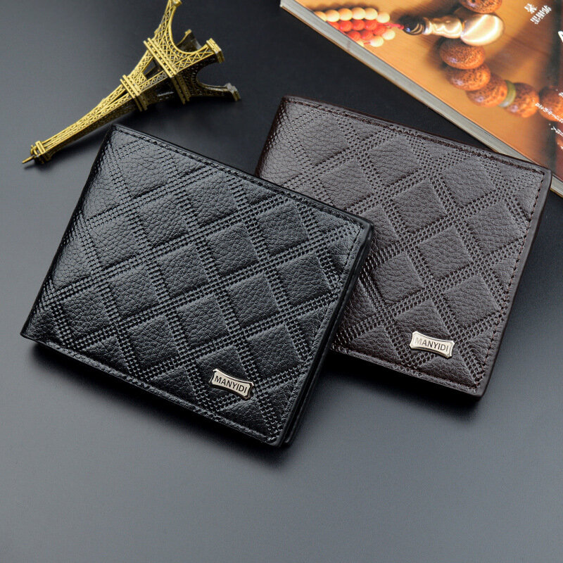 그리드 패턴 유럽과 미국 비즈니스 캐주얼 패션 섹션 양각 지갑, 새로운 남성용 짧은 지갑 대용량 지갑