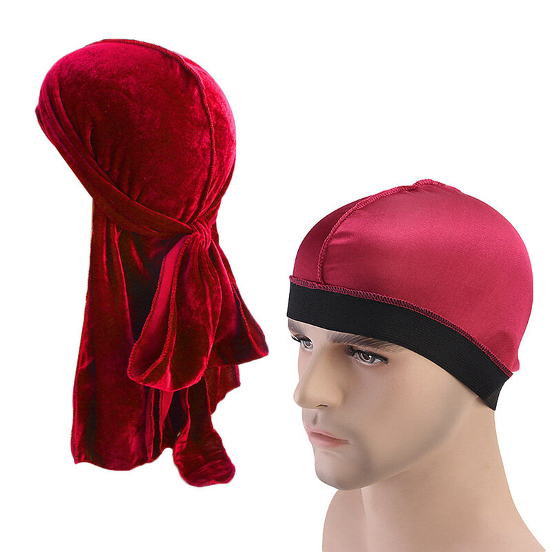 New Men's velvet Durag and silky dome cap women printing Bandana Headwear Bonnet Cap Sleeping Hat 2 pieces Couples Waves Cap
