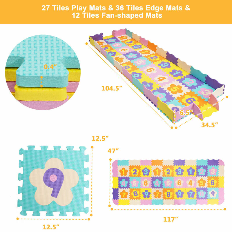 Babyjoy-alfombra de juego entrelazada de espuma para bebé, alfombrilla de juego con valla con números desmontables, 75 piezas, HW70219