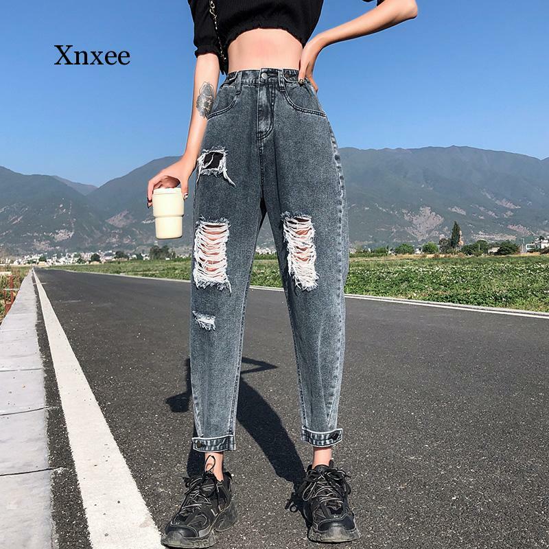 Женские рваные джинсы свободного покроя с высокой талией