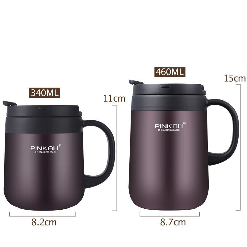 PINKAH-Tasse à café en acier inoxydable 340 avec poignée et couvercle, tasse à thé isolée, tasse à vide, thermos de bureau, 460ml, 304 ml