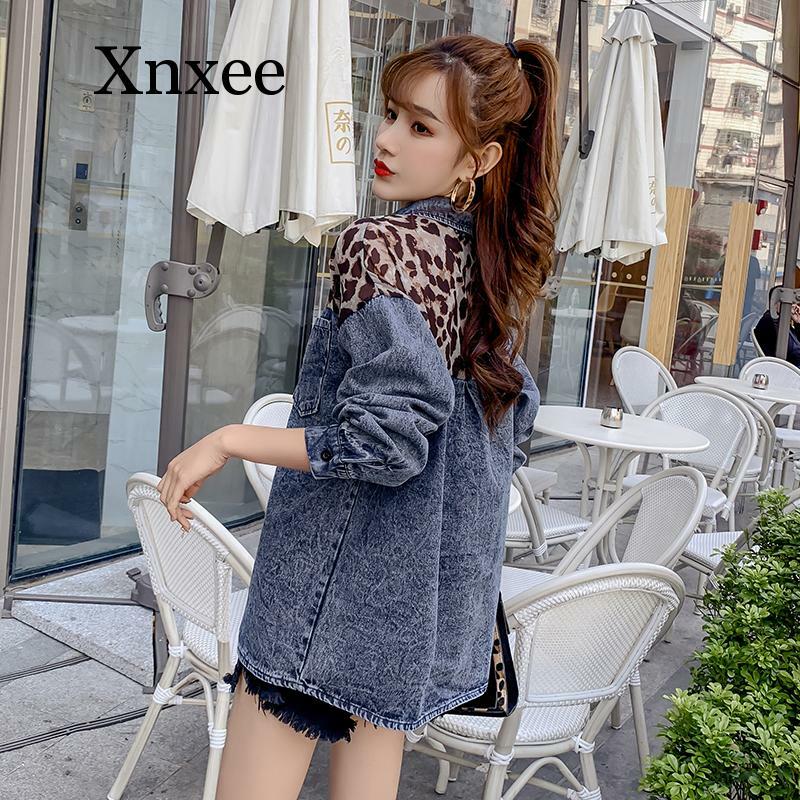 blue blouse Denim shirt female spring autumn Korean version stitching leopard chiffon loose casual jacket coat long sleeve