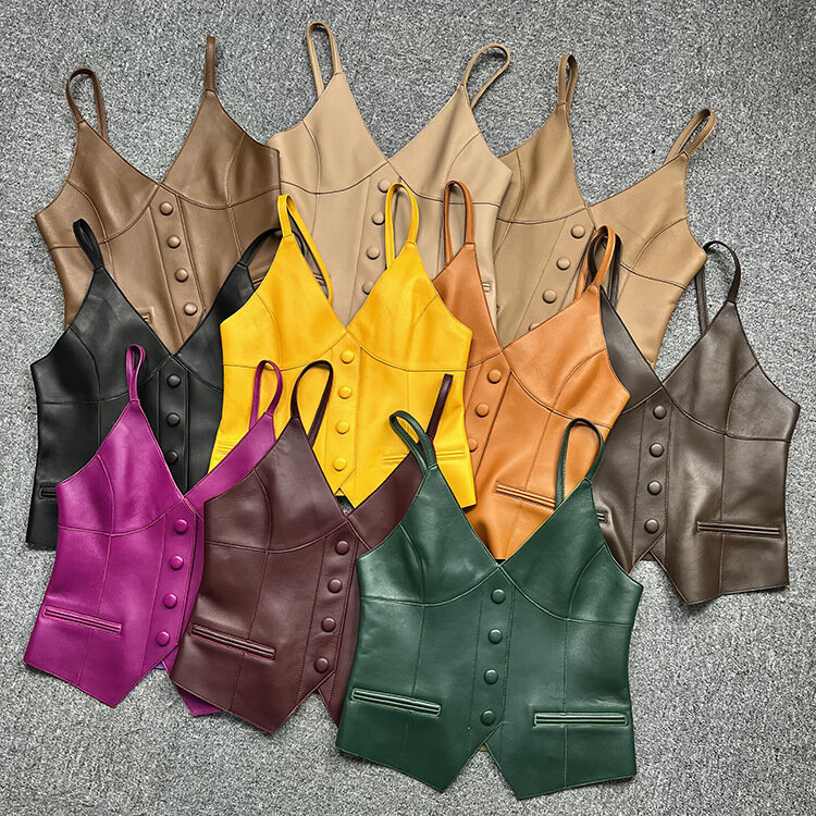2022 Spring New Leather Jacket, Leather And Sheepskin V-Neck Vest, Sleeveless Suspenders E7