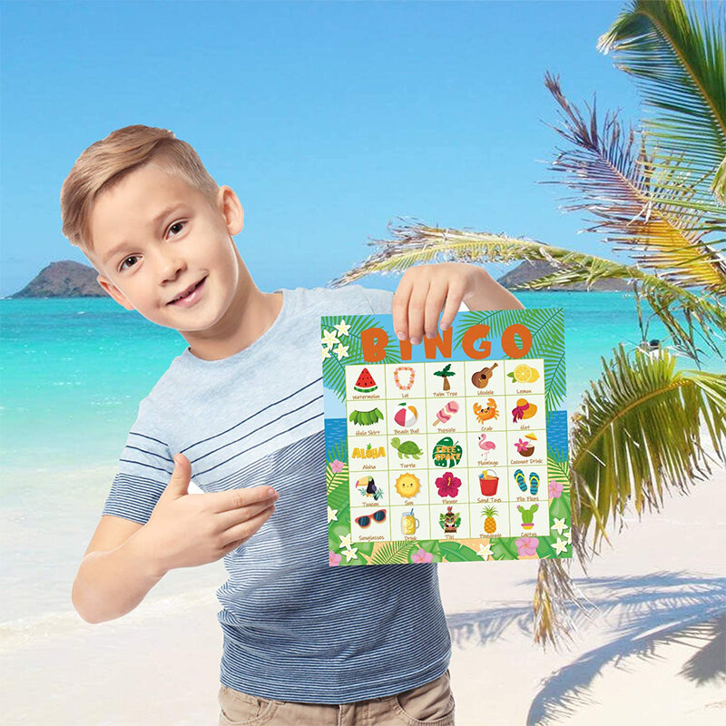 Jeu de bingo hawaïen pour enfants, ensemble de thème d'été tropical, 24 faveurs plus tard, puzzle d'apprentissage de l'anglais, jouets assortis, 41 pièces