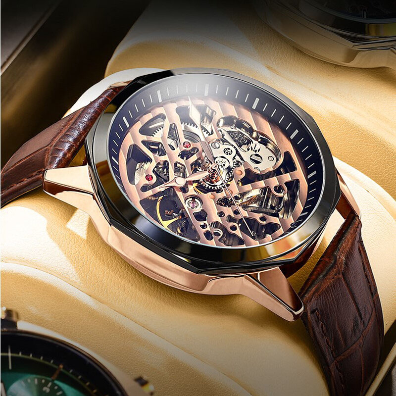 AILANG luksusowa marka szkielet automatyczny zegarek mechaniczny męskie modne sportowe zegarki męskie skórzane paski Relogio Masculino