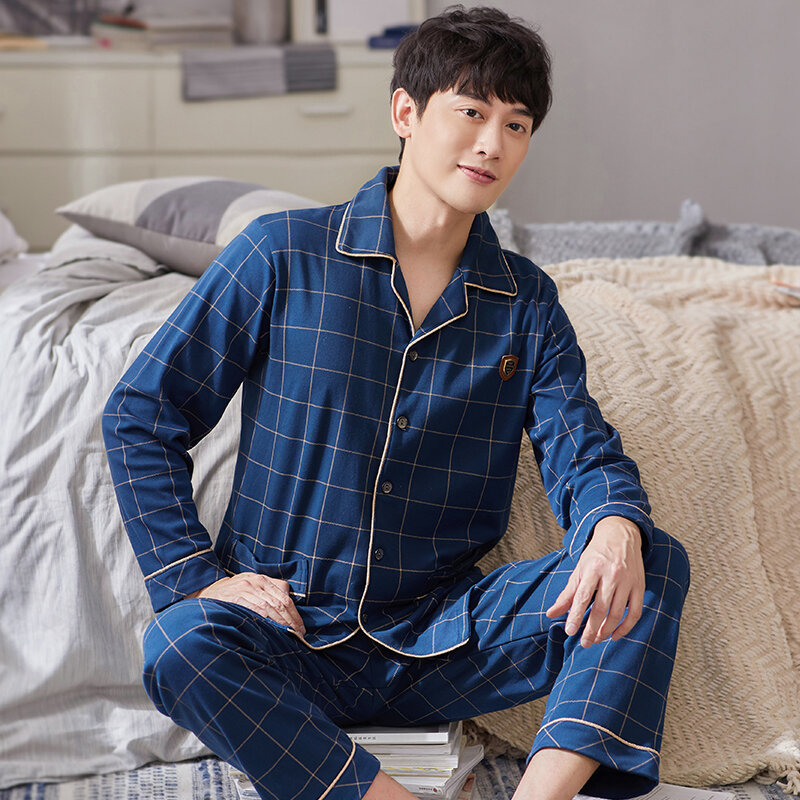 Musim Dingin Katun Piyama Lounge Baju Tidur Hitam Plaid Pijama Pria Bedgown Rumah Pakaian 100% Kapas Murni Pijama Hombre PJ