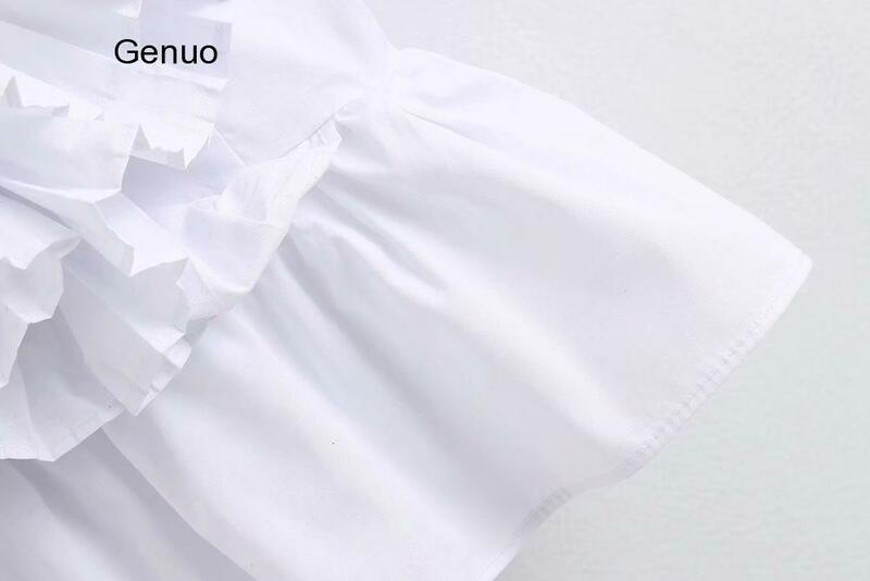 Nuove donne solido scollo a v pieghettato increspature casual camicetta bianca camicetta da donna chic manica a farfalla popeline femininas camicie top LS6380