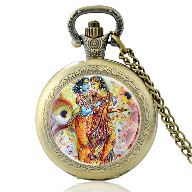Klasyczny Radhe Krishna wzór Vintage zegarek kieszonkowy kwarcowy mężczyźni kobiety unikalny naszyjnik godziny zegar