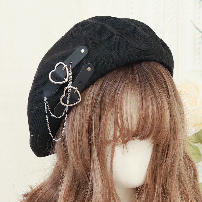 Boina gótica Lolita Punk para mujer y niña, boina Harajuku transpirable con hebilla de corazón, boina, accesorios de sombrero JK, color negro