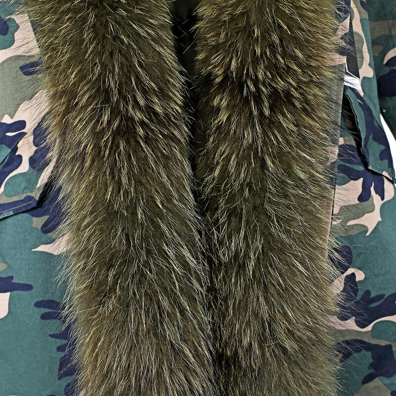 Hooded jacket MaoMaoKong, long camouflage winter jacket with natural raccoon fur, warm coat, down jacket