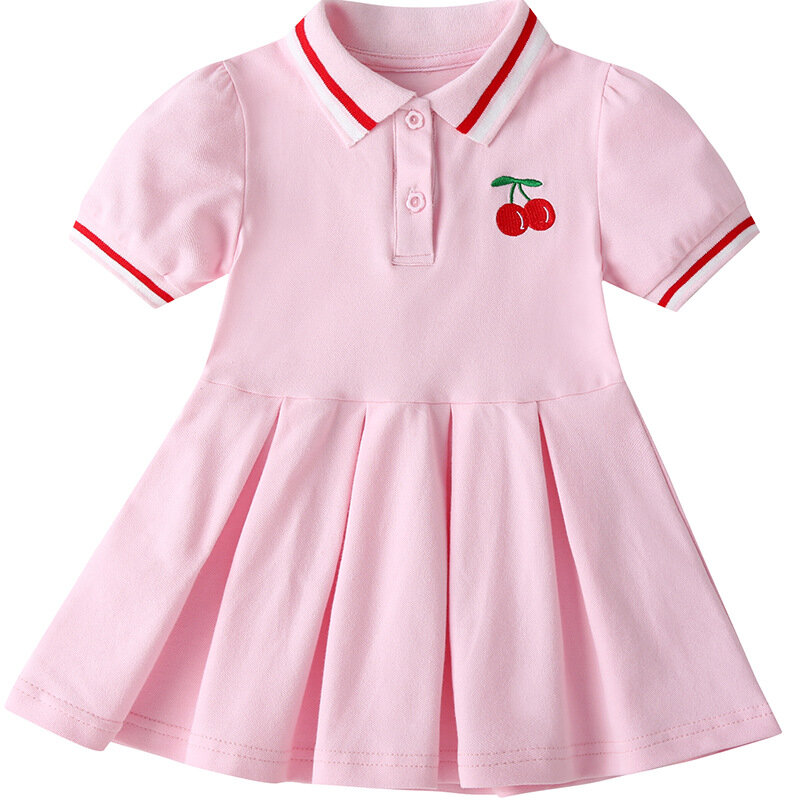 Лето 2024, Модное детское хлопковое плиссированное платье с коротким рукавом и вышивкой, новое Спортивное платье-поло для девочек