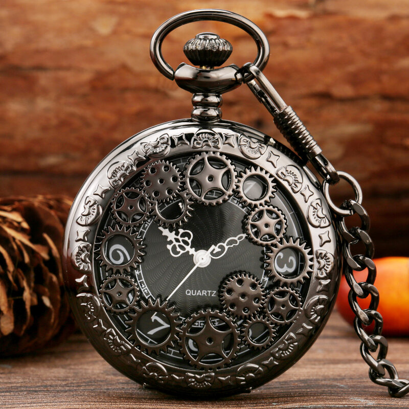 Antiguidade oco engrenagem relógio de bolso de quartzo do vintage ouro/preto/prata algarismos árabes exibir relógios relógio antigo presentes corrente fob