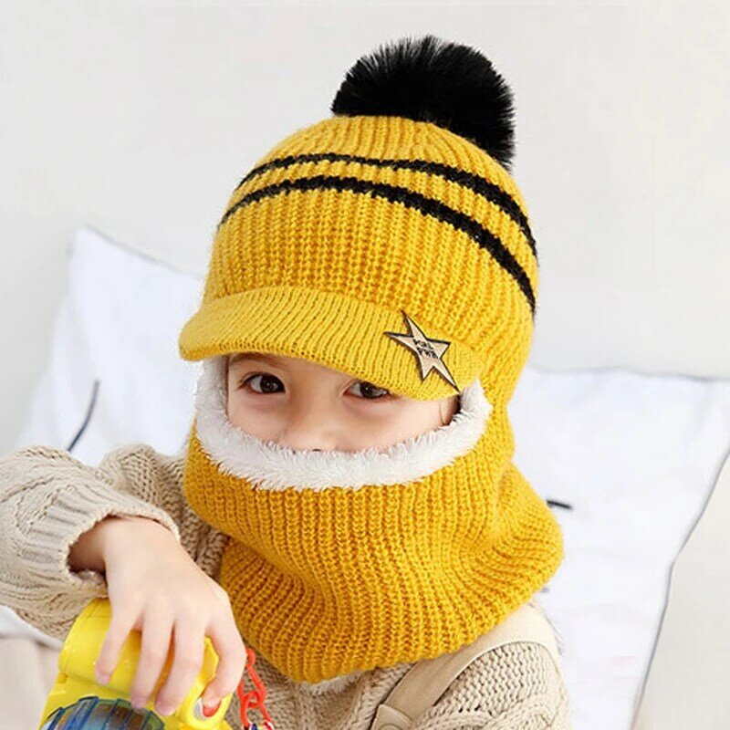 Winter Kids Plus Fleece Beanie Hats Thick Warm Knitted passamontagna Cap Girls Boys Face Cover Hairball Bib Mask For Child Outdoor