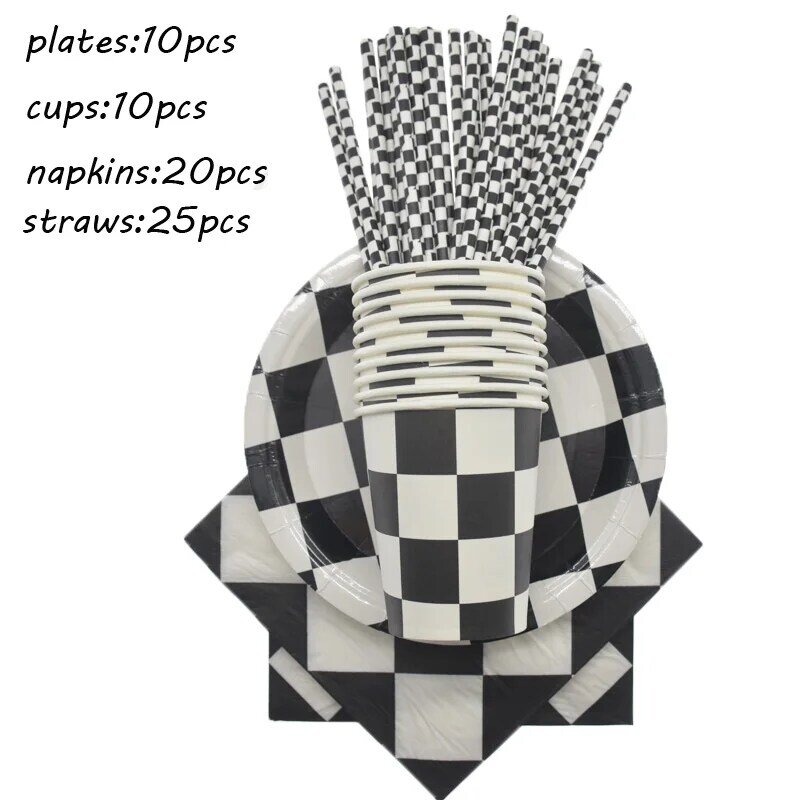 Race Car Birthday Party Supplies Black White Checkered Party Decorations Including Banner Pennant Balloons Tablecloth Gift Bags