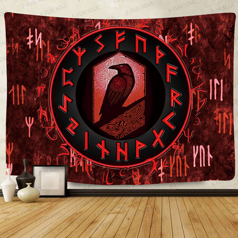 Simsant-tapiz de cuervo vikingo de meditación vikinga misteriosa, runas psicodélicas, tapices para colgar en la pared de arte para decoración de sala de estar