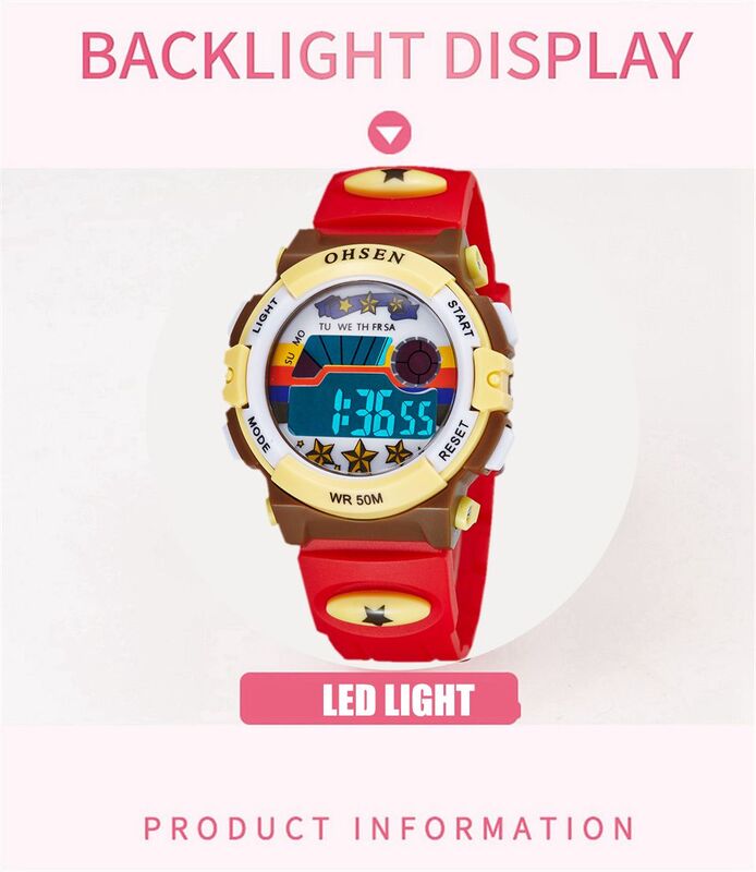 OHSEN-relojes deportivos para niños y niñas, pulsera Digital de dibujos animados rojos, resistente al agua hasta 50M, cronómetro electrónico LED