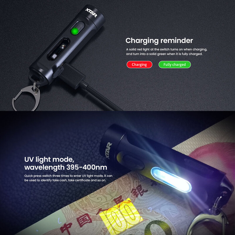 XTAR ECD Gantungan Kunci Lampu T1 LED Senter UV Senter Ultraviolet Tipe C Input Hitam Mini Senter untuk Berkemah Detektor Urin