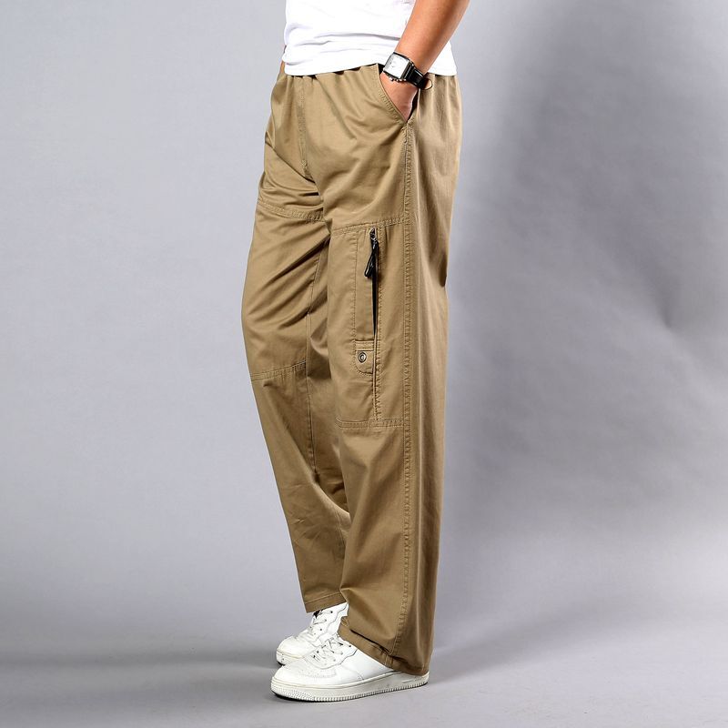 Celana panjang Khaki pria, musim panas ukuran besar pas lurus ukuran besar 5XL saku samping kaki lebar katun hitam celana kerja pria