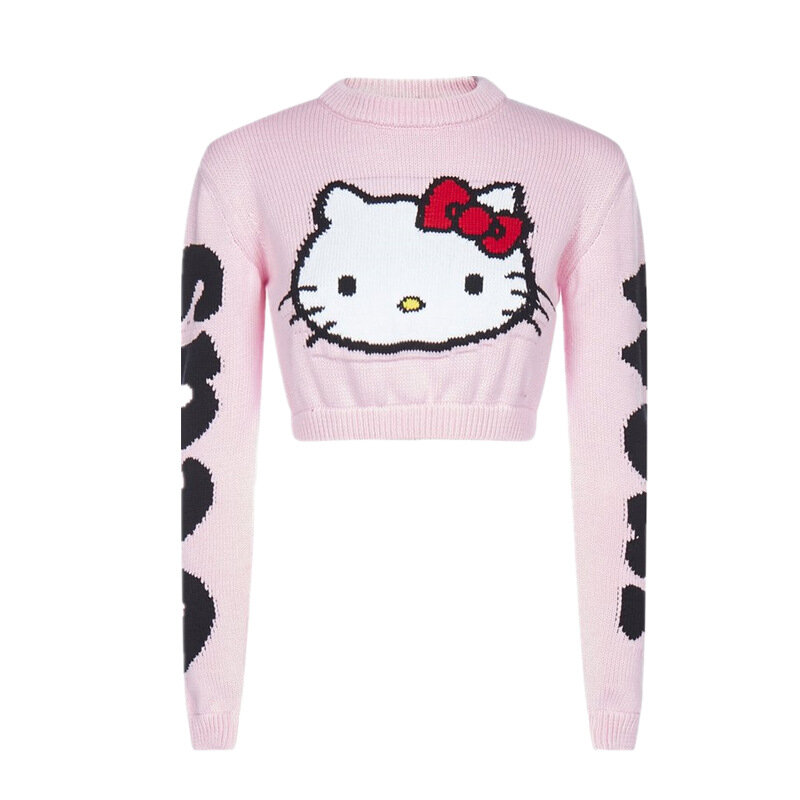 女性のためのニットセーター,新しい秋の服,キティの猫のパターン,ジャカード,厚手のショートセーター,ヨーロッパとアメリカ,2021