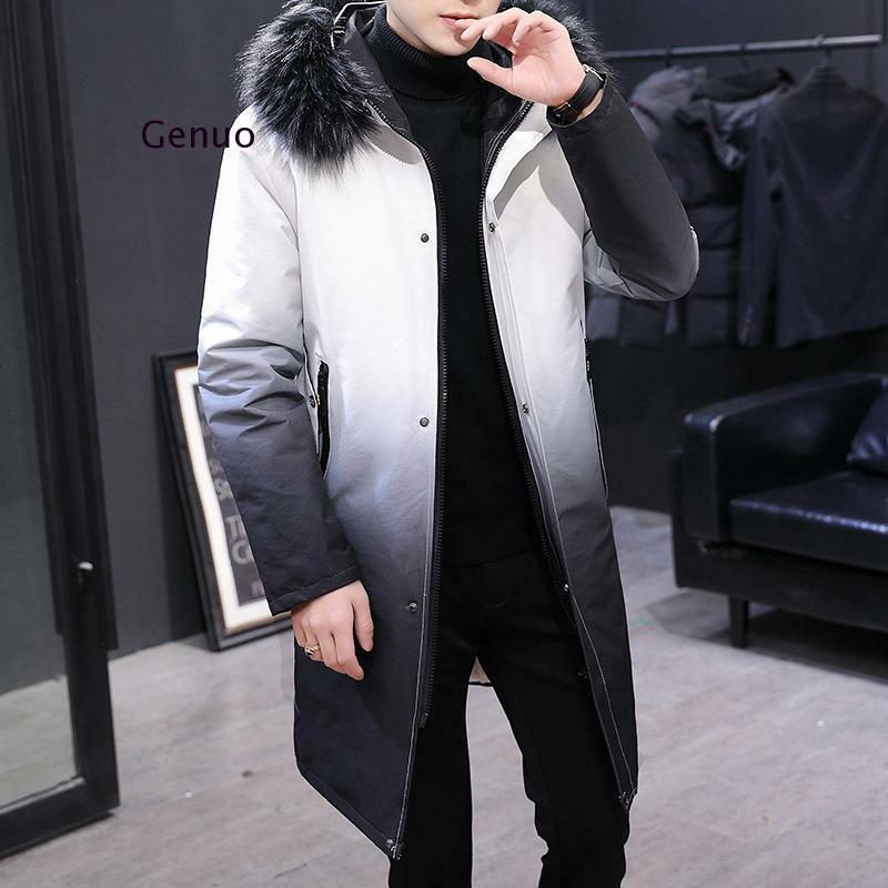 Jaqueta de inverno dos homens gradiente com capuz fino coreano parka hombre casaco longo cashmere blusão parkas jaqueta de algodão