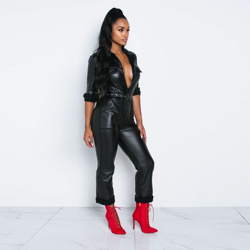 BKLD Women PU Leather Pocket V-neck Jumpsuit 2019 Summer Clubwear Women With Sashes Black Long Sleeve Rompers Womens Jumpsuit