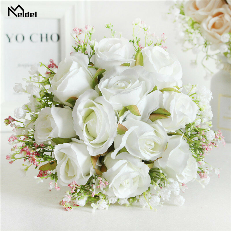 Meldel – Bouquet de fleurs artificielles de mariage, Rose en soie, souffle de bébé, demoiselle d'honneur, décor de maison pour fille