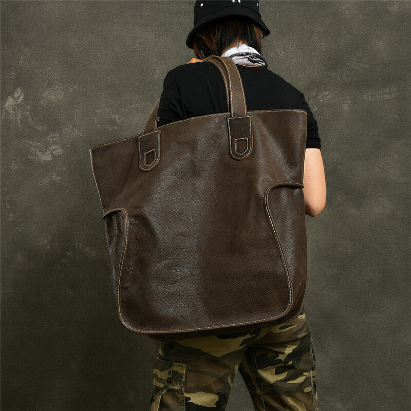 PNDME-حقيبة يد جلدية أصلية عتيقة ذات سعة كبيرة للرجال ، حقيبة حمل غير رسمية بسيطة من جلد البقر ، حقيبة كتف كبيرة للتسوق ، حقيبة كتف فاخرة