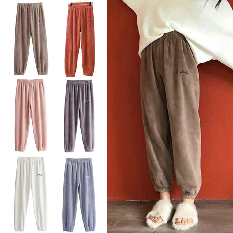 Женские плюшевые длинные штаны для сна на весну, осень и зиму, домашняя одежда, мягкие теплые фланелевые Модные Плотные пижамы