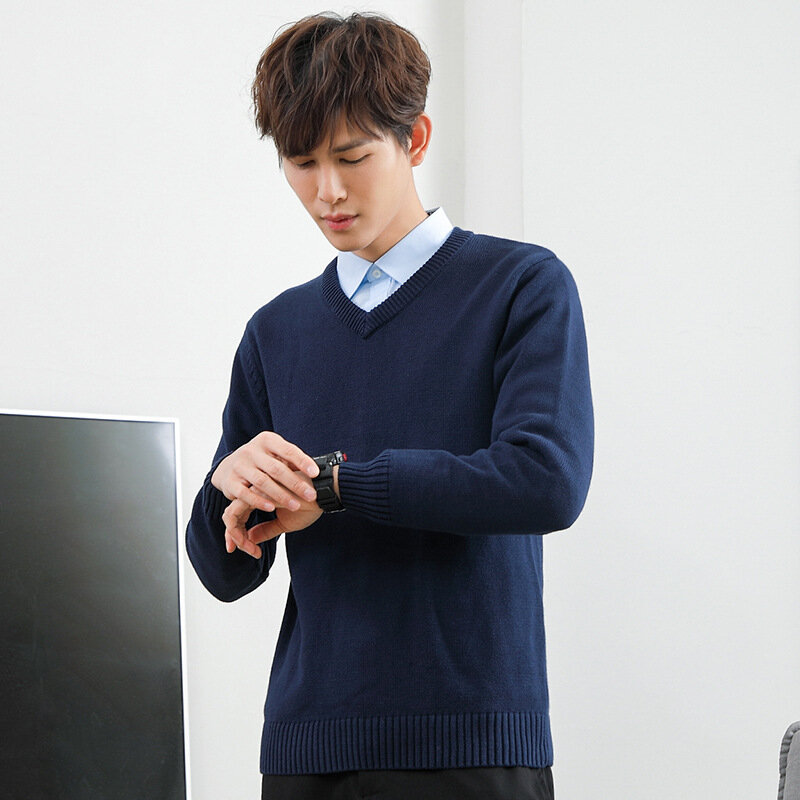 Sweater Pria V-Leher Berkerudung Musim Gugur dan Musim Dingin Baru Mahasiswa Muda Lengan Panjang Korea Kapas Bottoming Sweater Pria