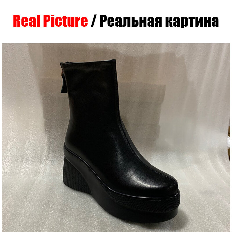 DORATASIA-Botines de piel auténtica para mujer, botas de cuña con plataforma y tacón alto, color negro, 2020