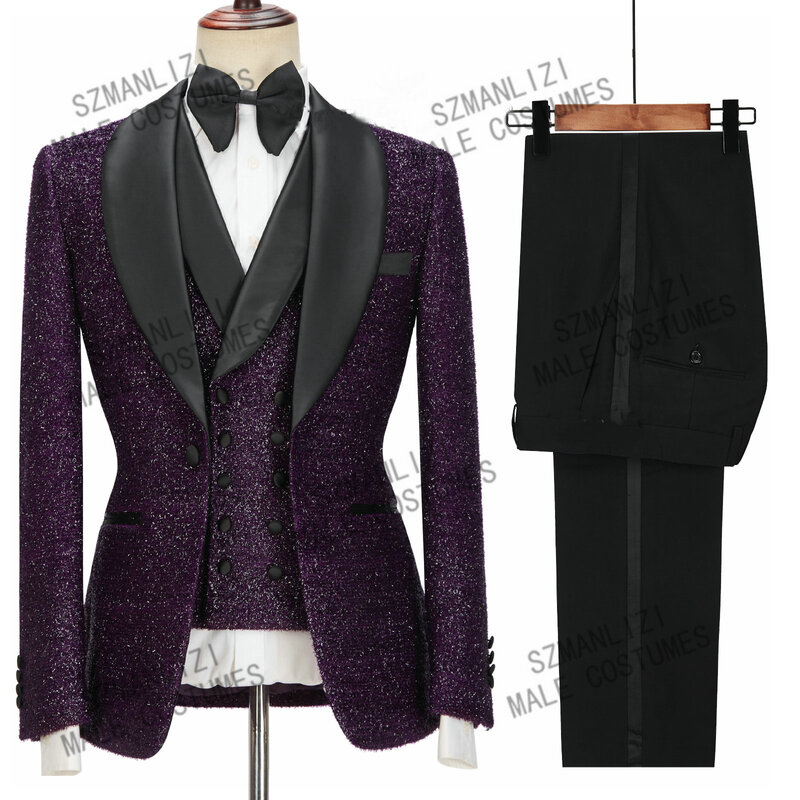 最新のコートパンツデザインの光沢のある黒の男性のスーツ,結婚式の部屋のためのファッショナブルな薄いスーツ,パーティーのための3ピース