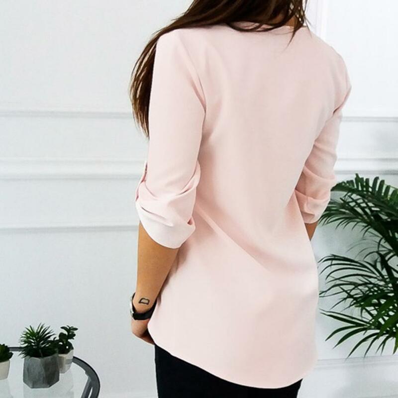 Blusa casual monocromática feminina, camisa manga longa com zíper, fibra de poliéster, top solto, primavera, outono, 2021