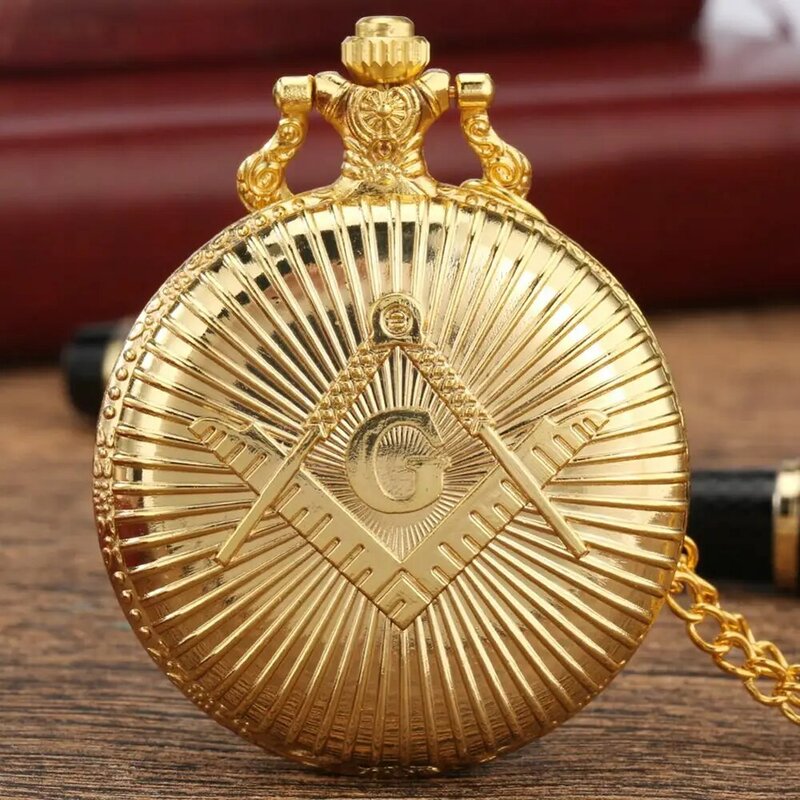 Luxury Gold Freemasonry Masonic G Logo Theme Quartz Pocket Watch Standard Round Dial Necklace Pocket Souvenir Jewelry Clock Gift