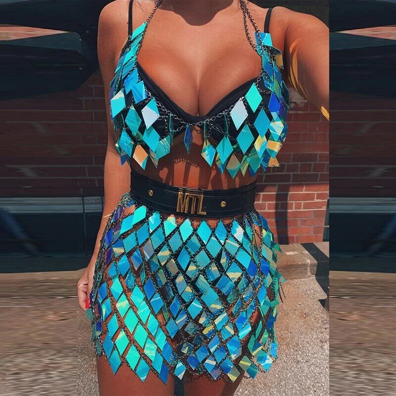 Colorful Shiny Metal Sequined Two Piece Set Halter Low Cut Hollow Out Crop Top Hot Patchwork Skirt Rave Festival Two Piece Sets