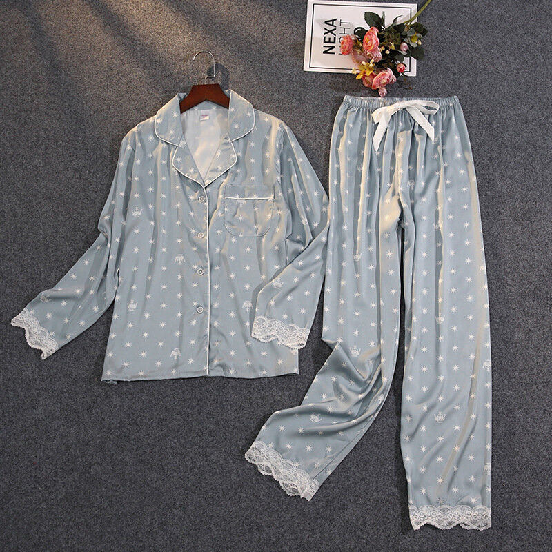 Lisacmvpnel-아이스 실크 새틴 프린트 레이스 잠옷 여성용, 여름 투피스 수트, 얇은 아웃웨어