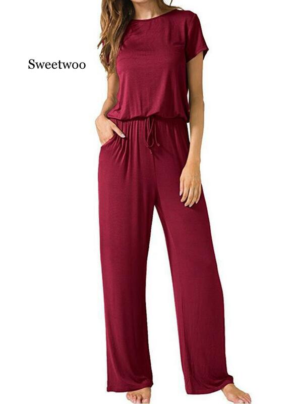 2020 NewWomen's Short Sleeve Loose Wide Legs Casual Jumpsuits with Pockets