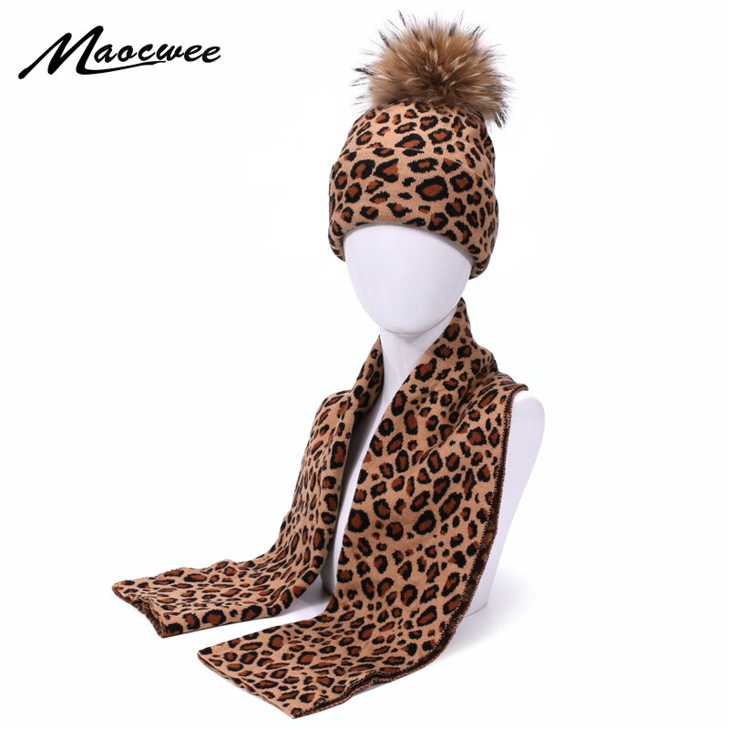 Fashion Leopard Print Beanie Topi dan Syal Set Musim Gugur Musim Dingin Double Beanies Topi untuk Wanita Elastisitas Hangat Syal Pom Pom topi