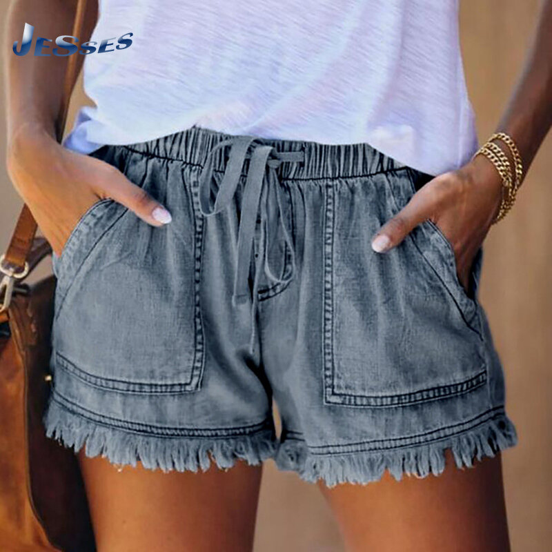 Elastic Waist Casual Women's High Waist Thin Lace-up Shorts Large Size Loose and Thin Sexy Pocket Denim Short 2022