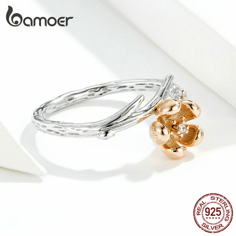 BAMOER Hot Sale Authentic 925 Sterling Silver Flower with Twisted Branch Finger Ring for Women Sterling Silver Jewelry SCR599